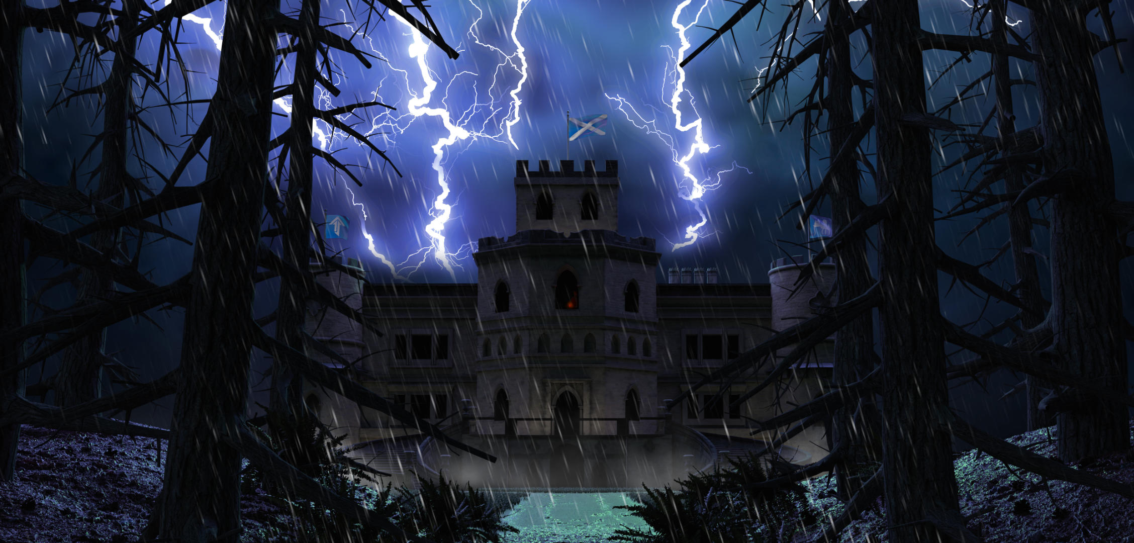 Ein dunkles Schloss in einer regnerischen Nacht, über den Himmel zucken Blitze, im Vordergrund ein schlammiger Pfad.